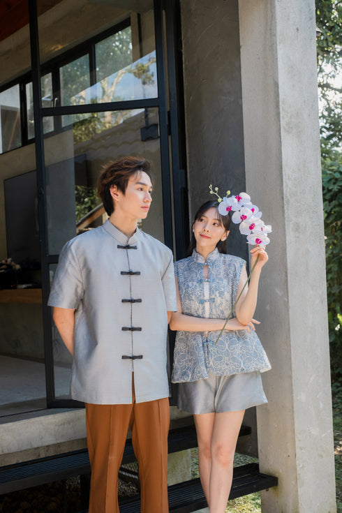 Oriental Luxe Mandarin Shirt (Grey) - Men